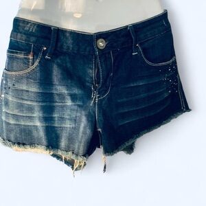 Navy blue denim shorts w a distressed look & beading detailing Hydraulic 15/16